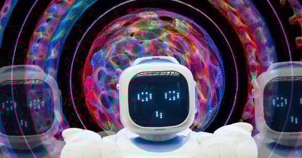 A white robot with a computerized face in front of a dizzying, colorful kaleidoscopic background.